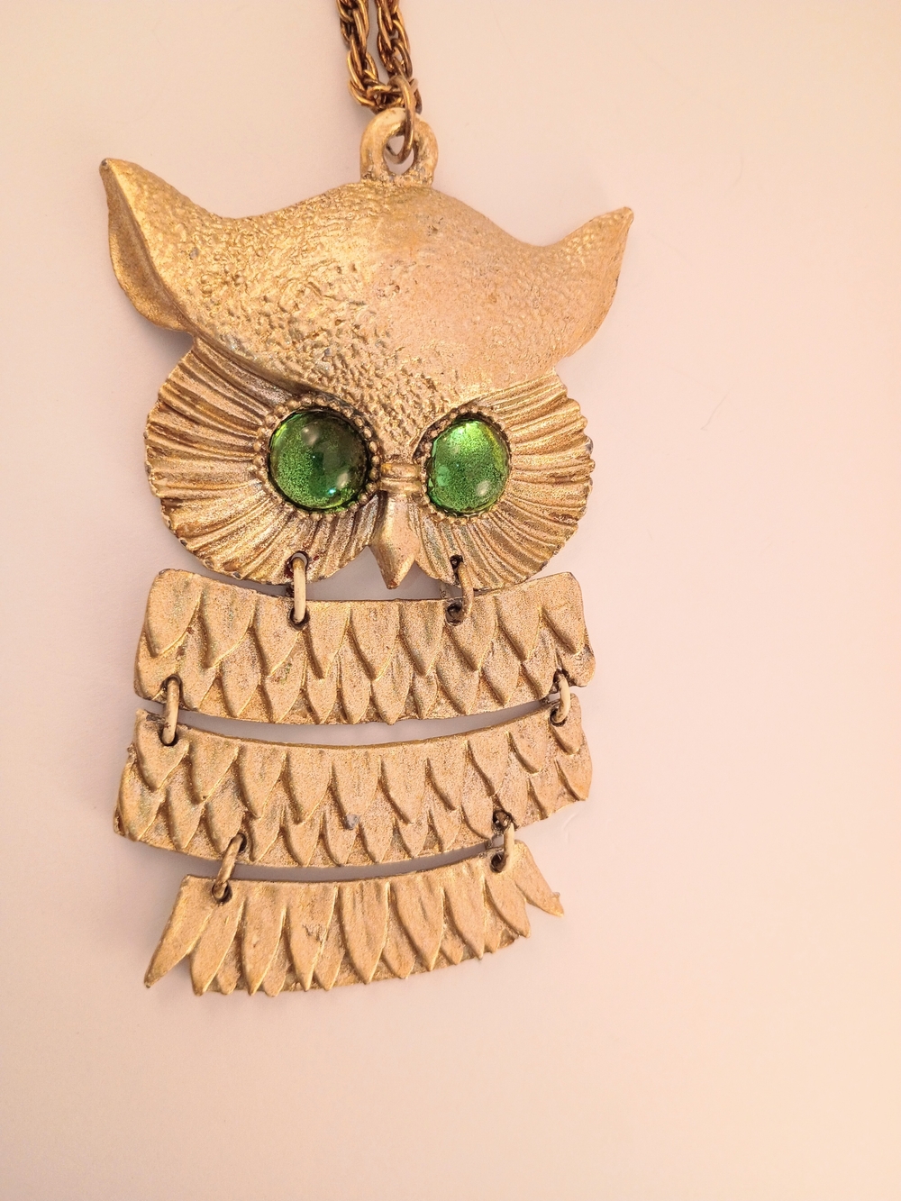 Gold Owl Pendant Necklace with Green Eyes - Picture 2 of 4